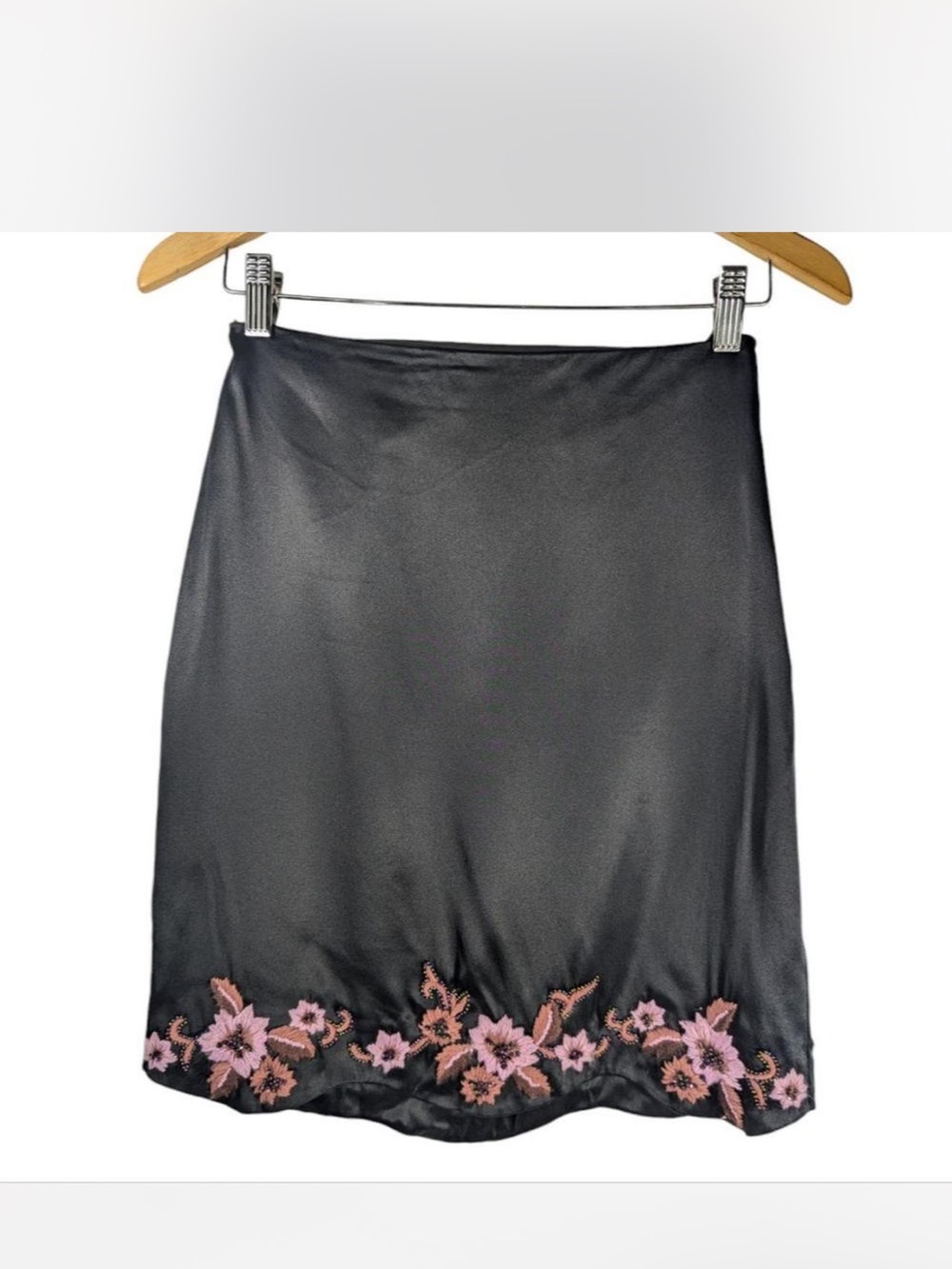 Betsey Johnson Black Satin Skirt with Pink Floral Embroidery